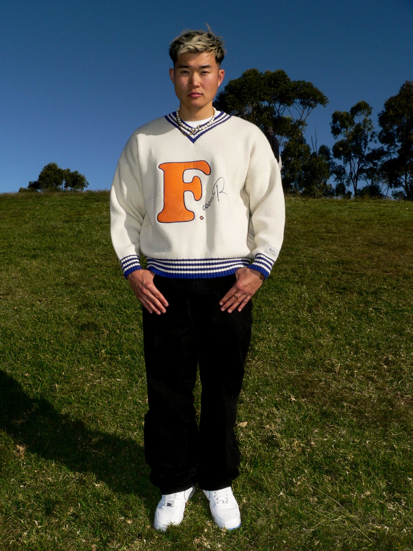 Blue/Orange V-neck Wool Sweater